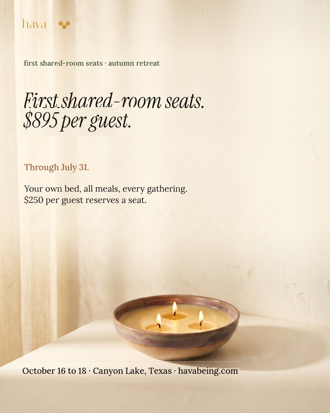 hava autumn retreat conversion ad: first shared-room seats are 895 dollars per guest