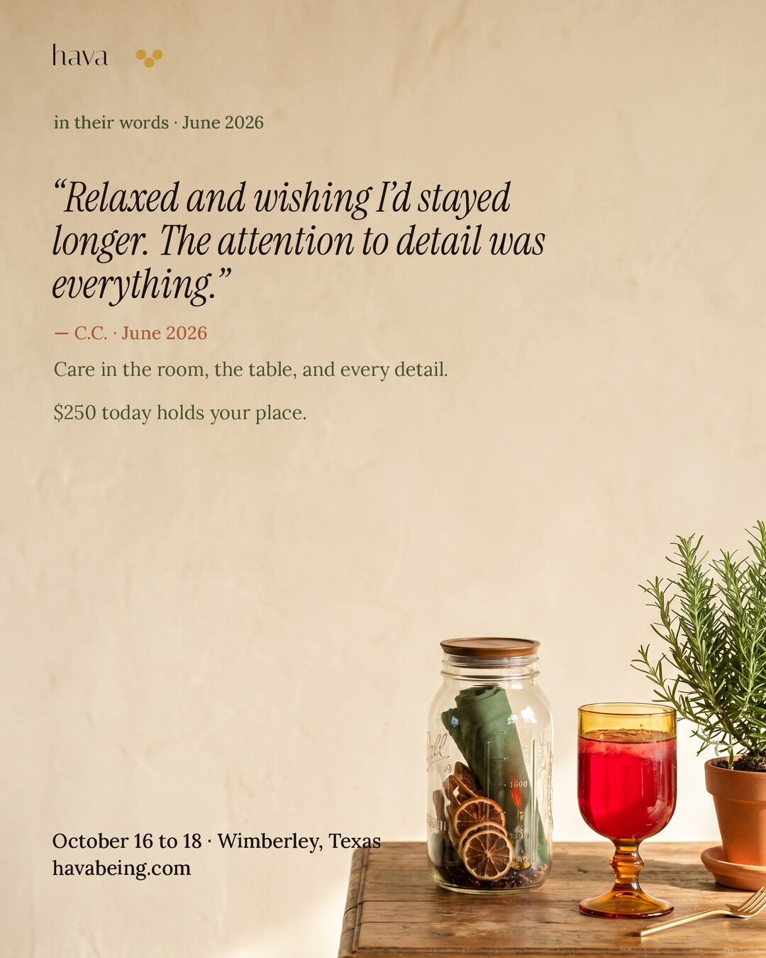 hava autumn retreat table ad featuring a real guest quote