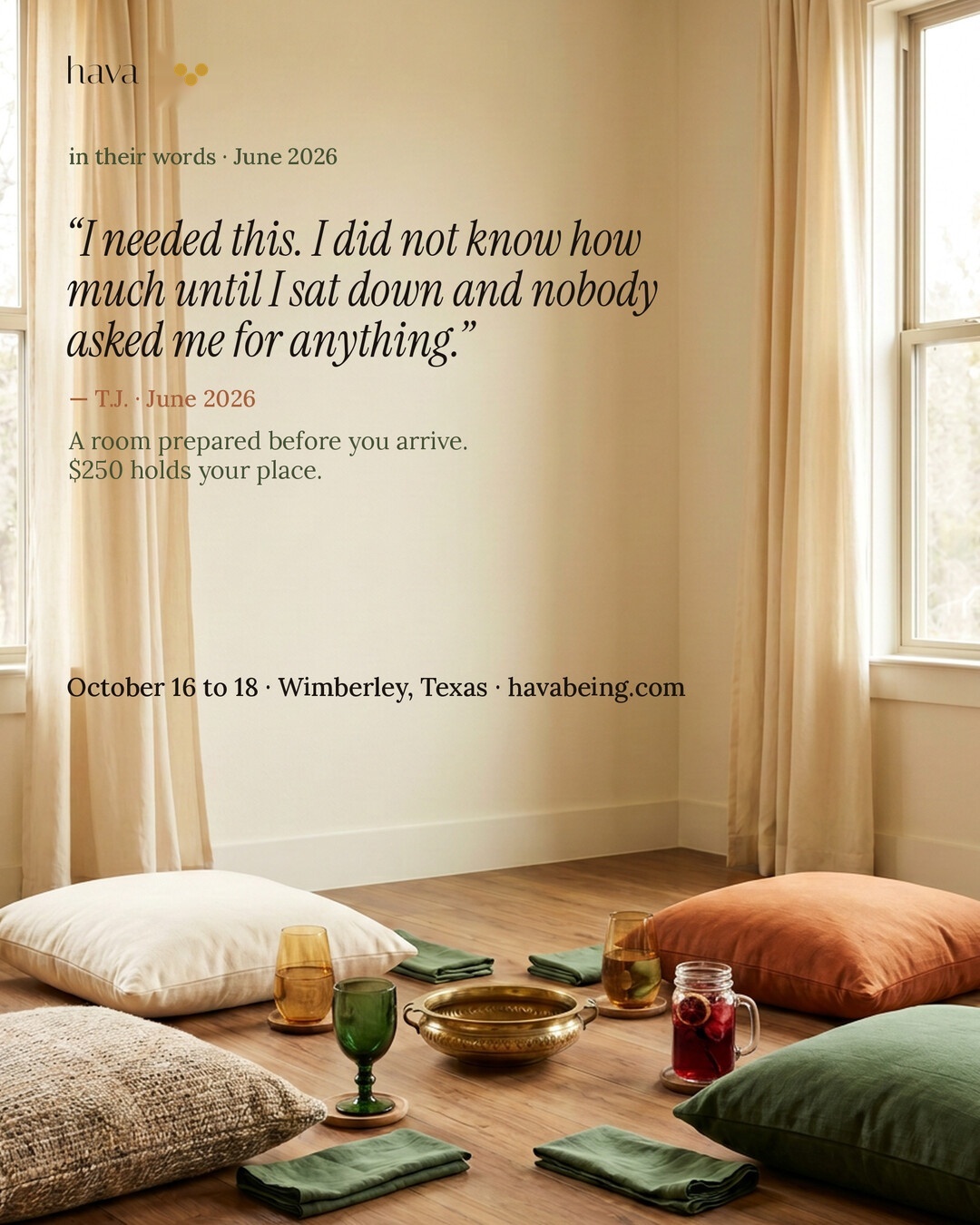 hava autumn retreat sister-circle ad featuring a real guest quote