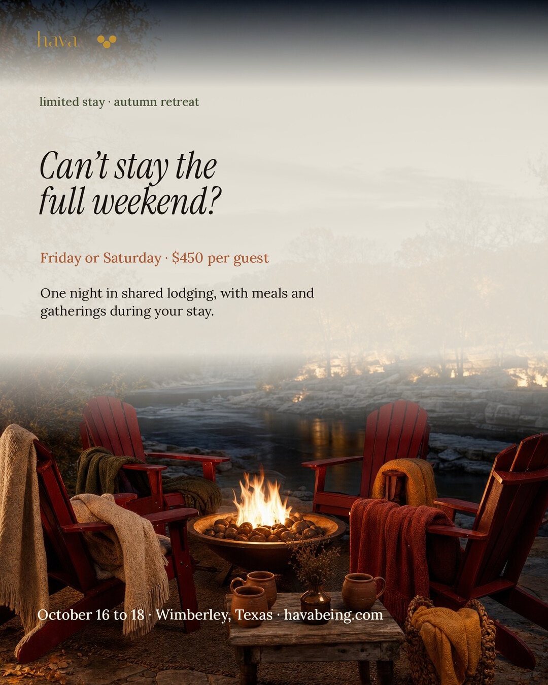 hava limited one-night autumn retreat stay for 450 dollars per guest