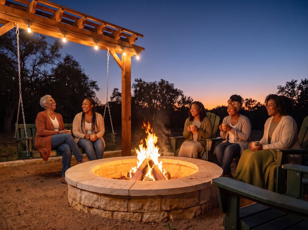 Five Black women of different generations laugh together over warm mugs around a lit stone fire pit under a cedar pergola in the early evening.