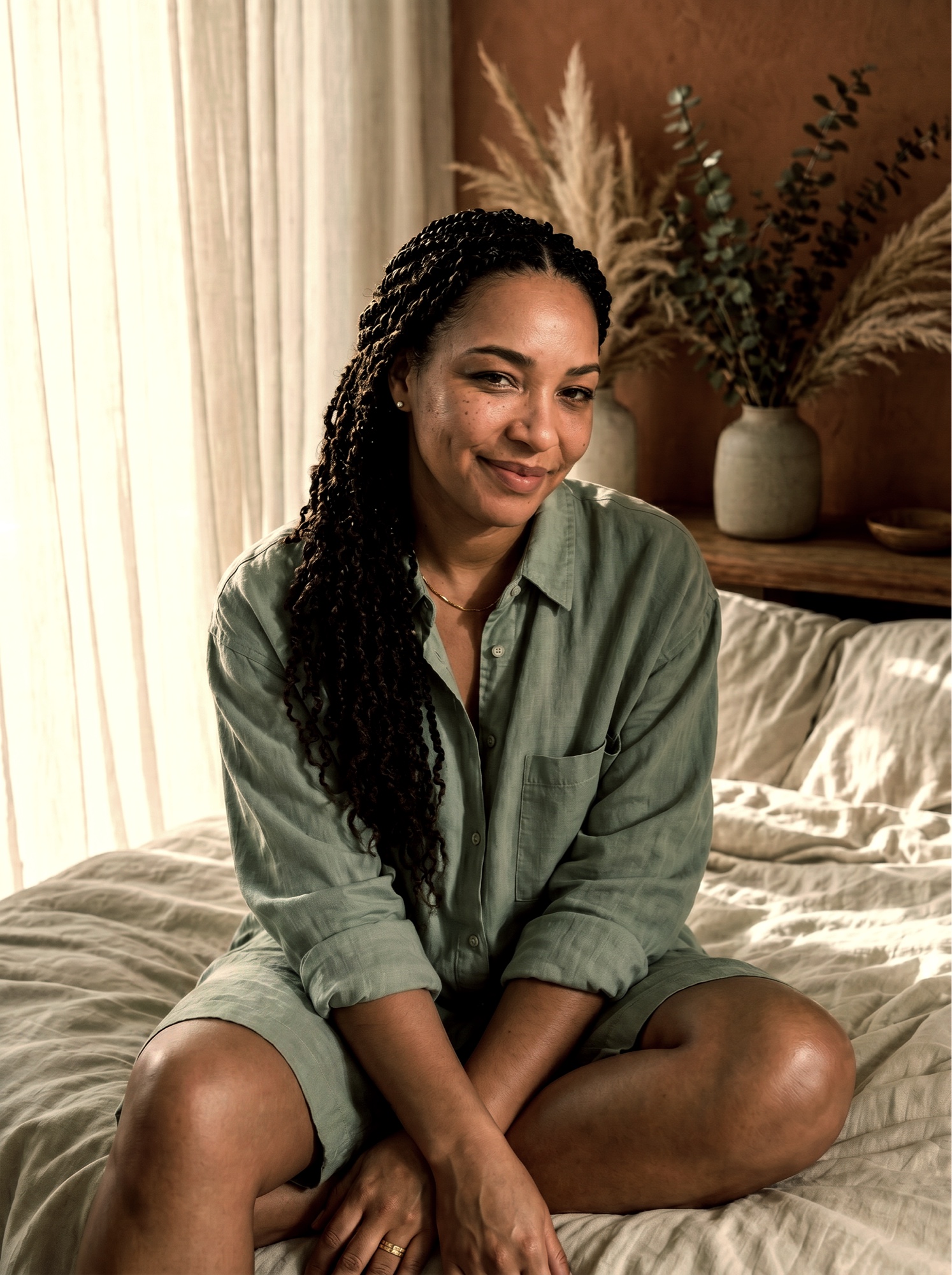Sahavit Chance, founder of hava, seated in a sage shirt in a warm bedroom setting