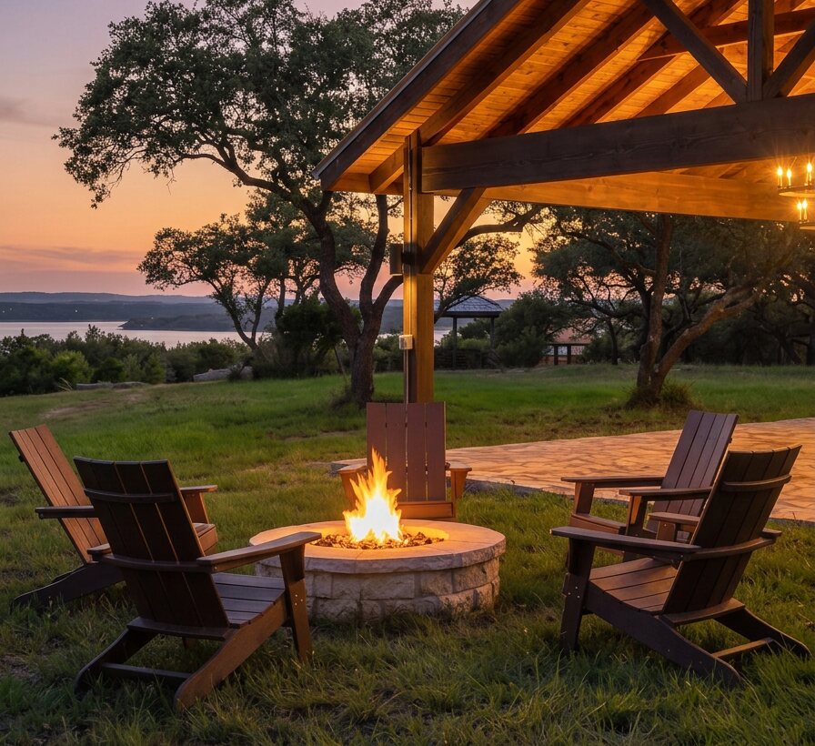 Evening fire pit beside an open-air pavilion, looking out over the Texas Hill Country.