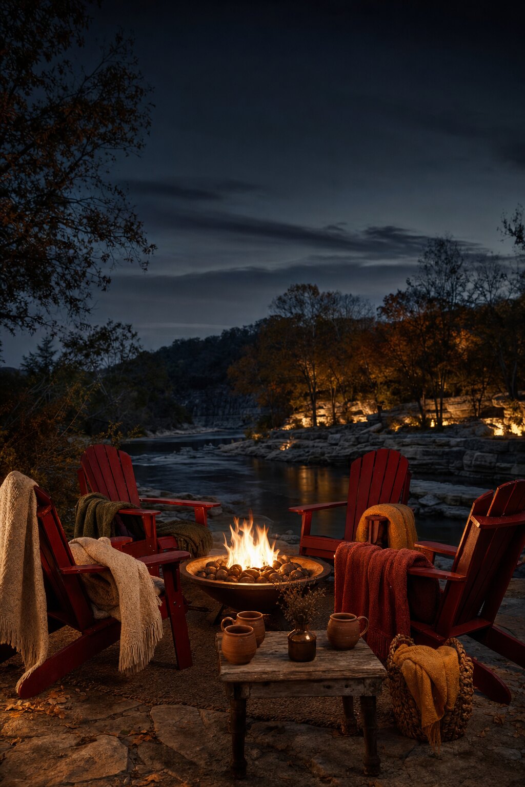hava editorial: red chairs and a firepit overlooking the river at dusk