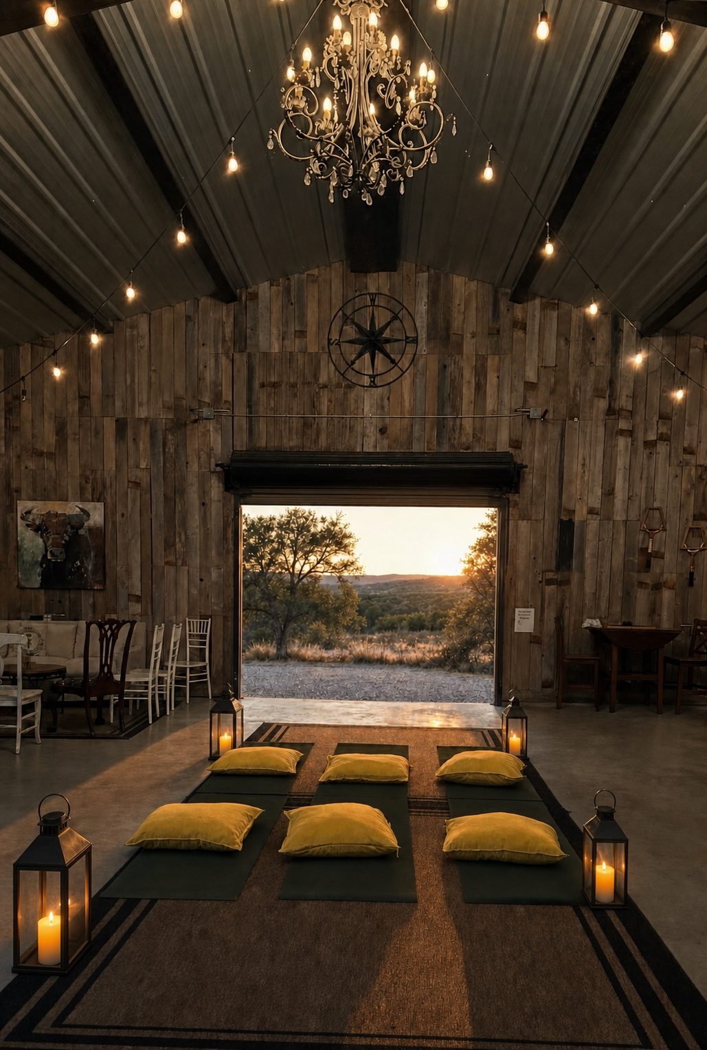 Meditation room at dusk: yoga mats and yellow cushions arranged in a row facing an open barn door with hill country sunset beyond, chandelier and string lights above.